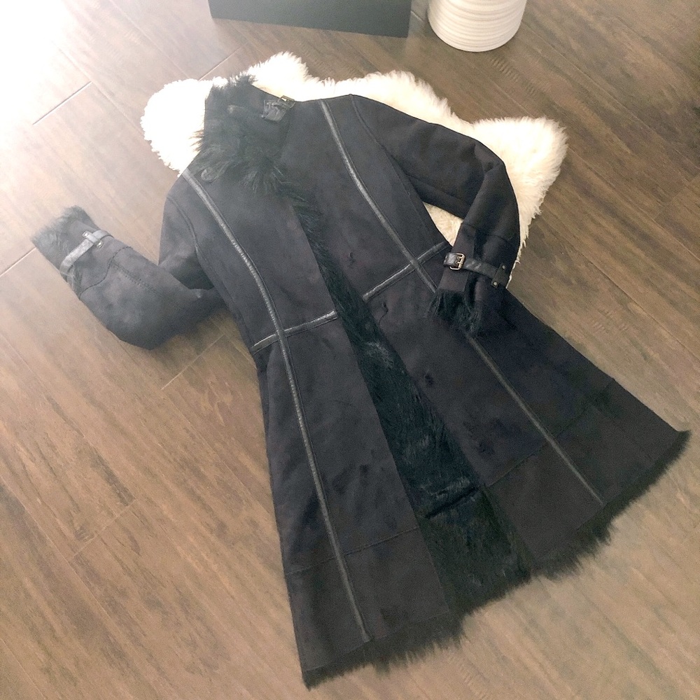 Mango Black Suede Faux Fur Coat